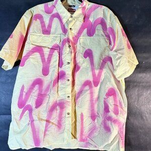 Wrangler Button Up Size Extra Large Yellow Pink XL Short Sleeve Graffiti OOAK